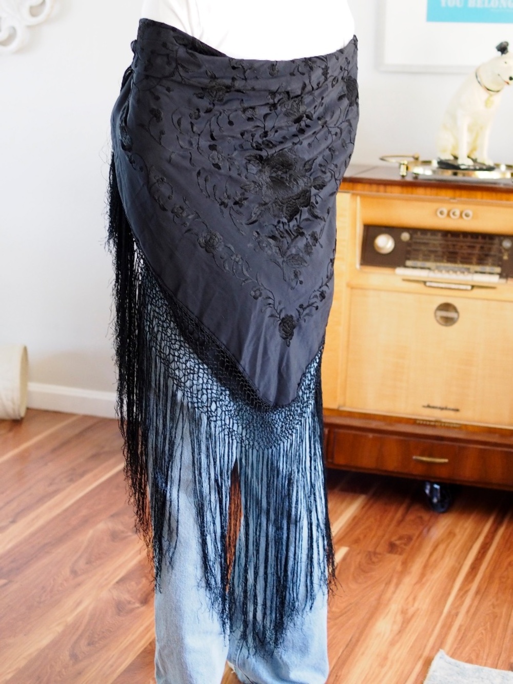 Vintage 70s Piano Shawl Wrap Black Long Fringe Double Sided Floral Embroidery